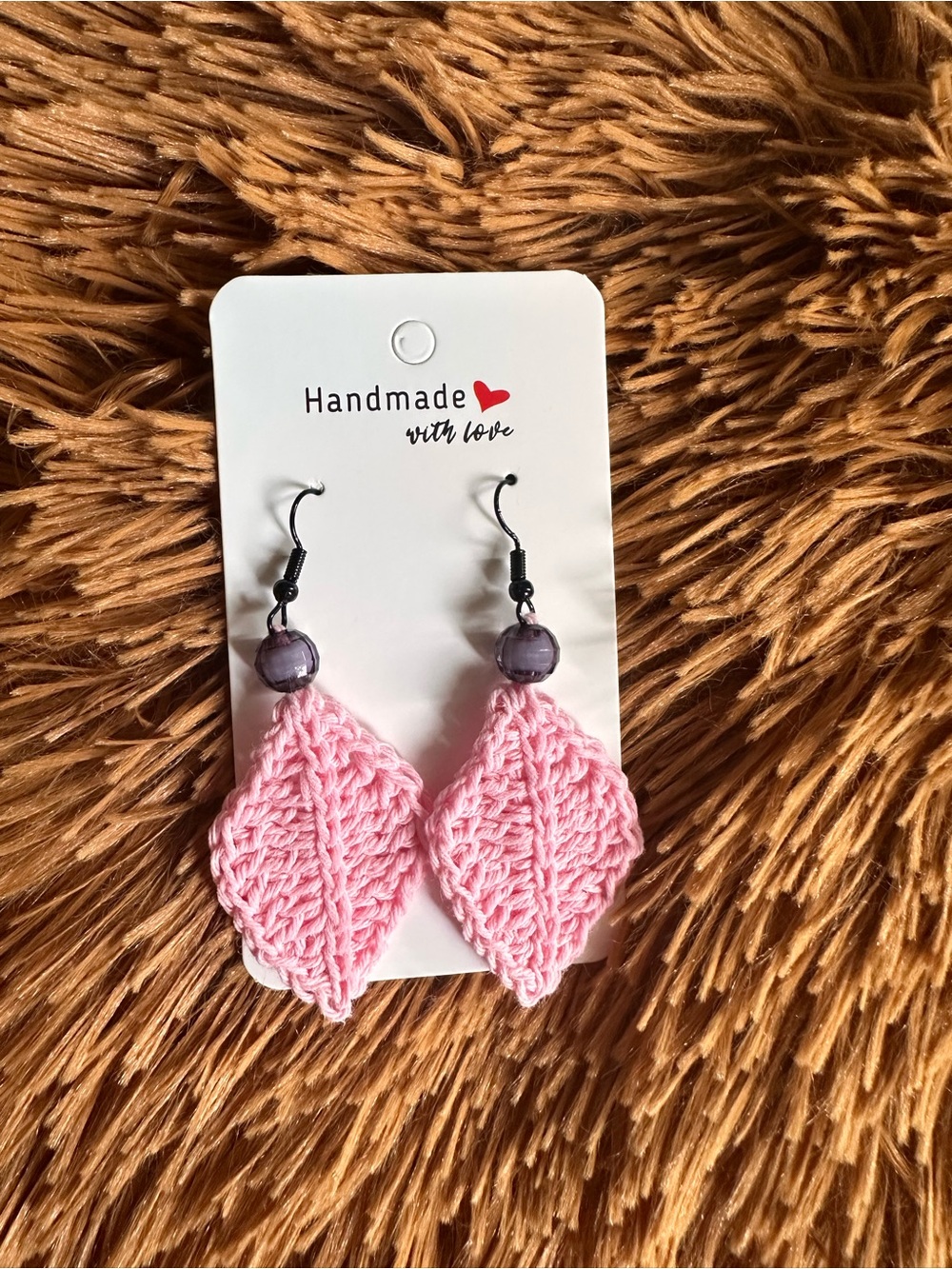 Handmade Pink Crochet Leaf Earrings with Bead Accent